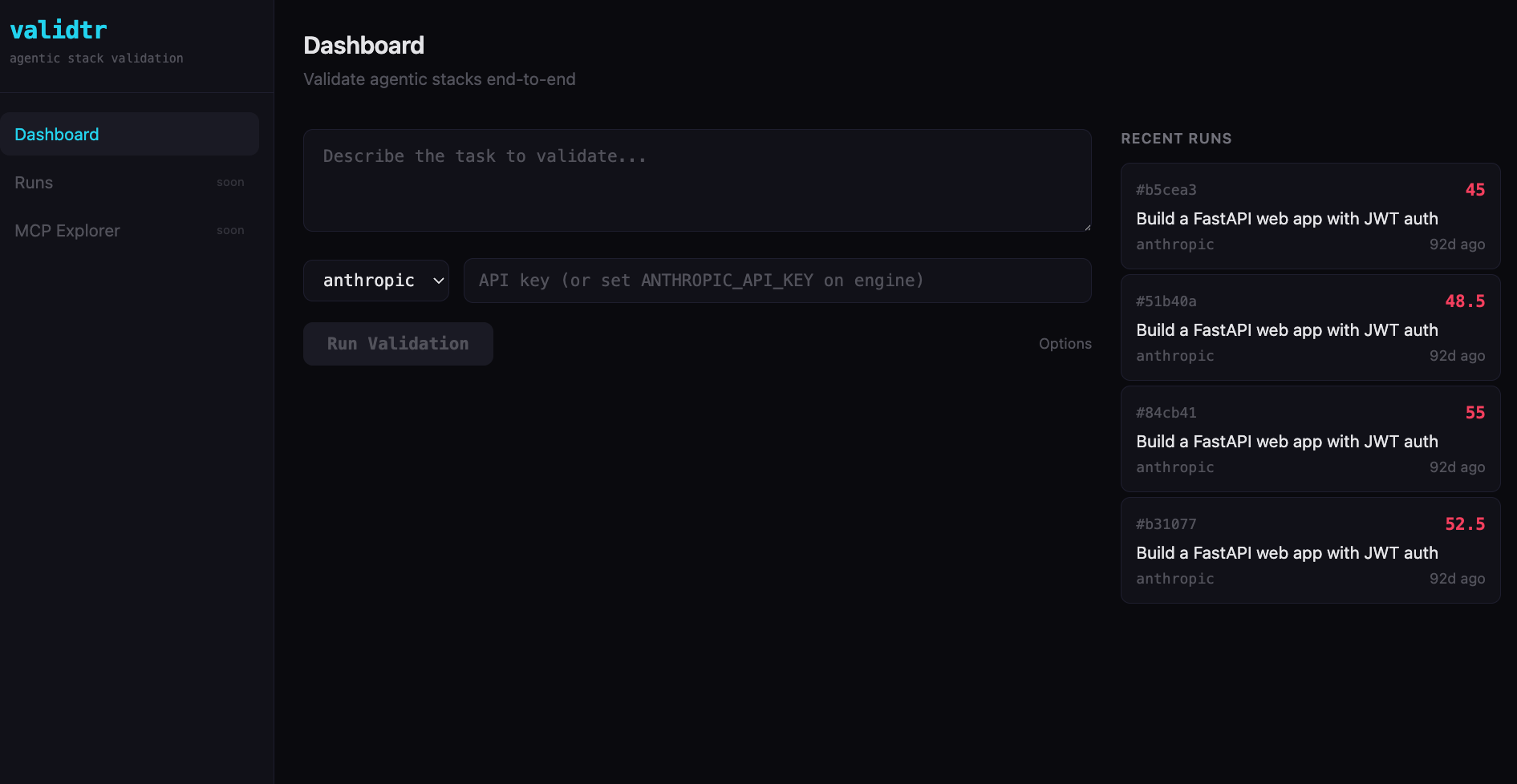 validtr Web UI dashboard: describe a task, pick a provider, run validation, and browse scored runs